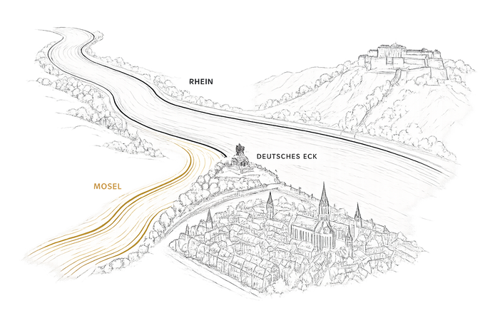 Karte: Zusammenfluss von Rhein und Mosel am Deutschen Eck in Koblenz
